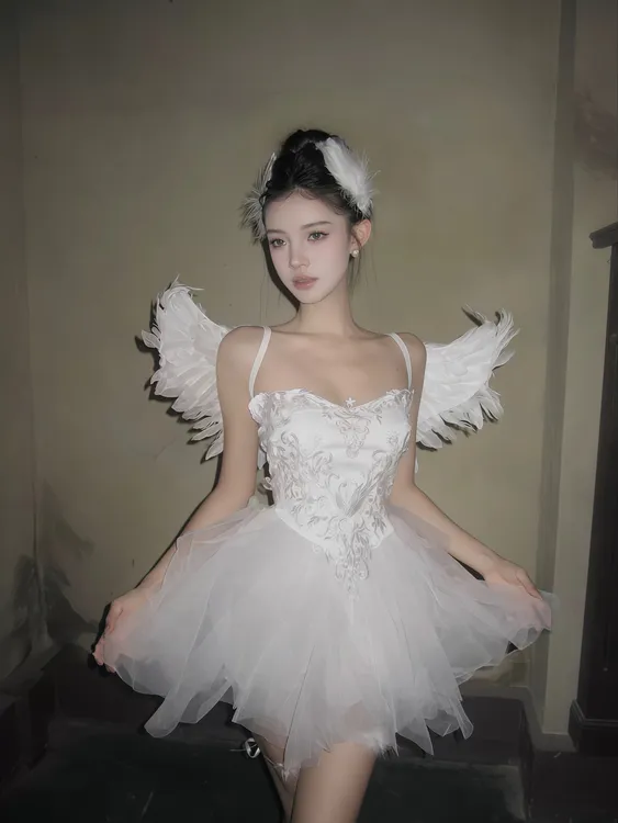 【陨落白天使】原创御姐cosplay套装白天鹅抹胸刺绣纯欲白纱蓬蓬裙