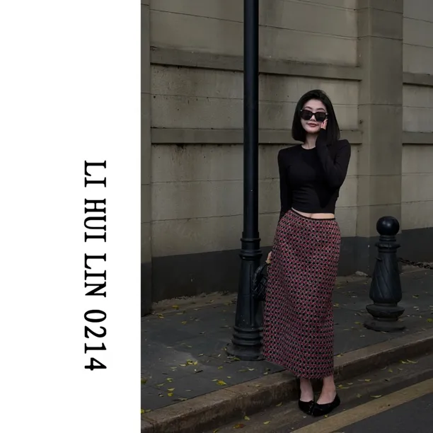 LIHUILIN/复古格纹直筒半身裙（含23.8%绵羊毛）