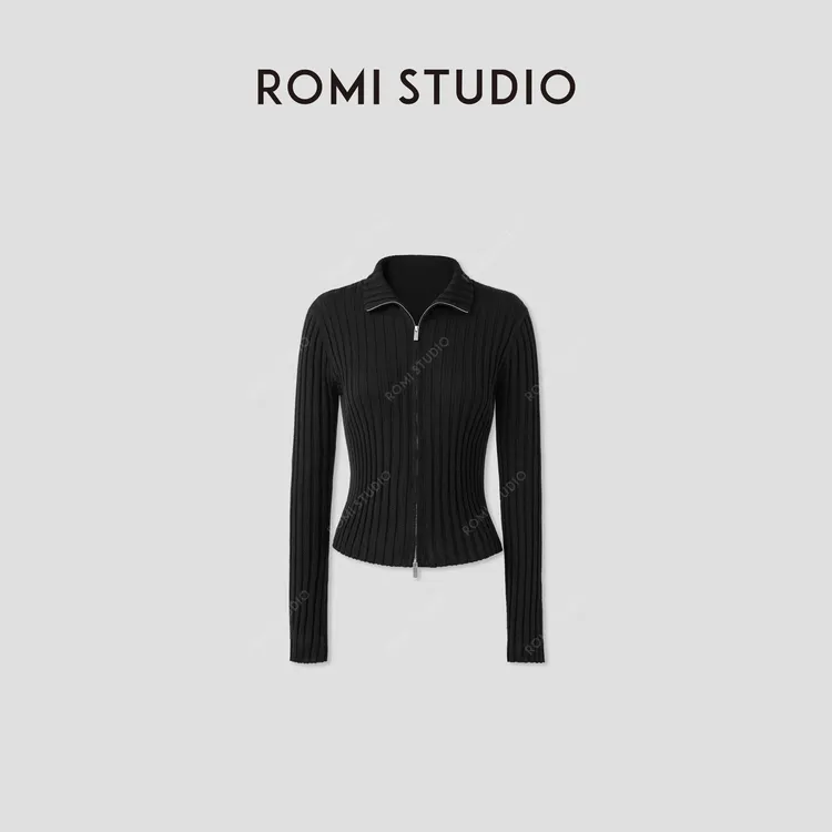 ROMI STUDIO“松弛高贵”山羊绒绵羊毛混纺细腻坑条开衫 RWCRST4099
