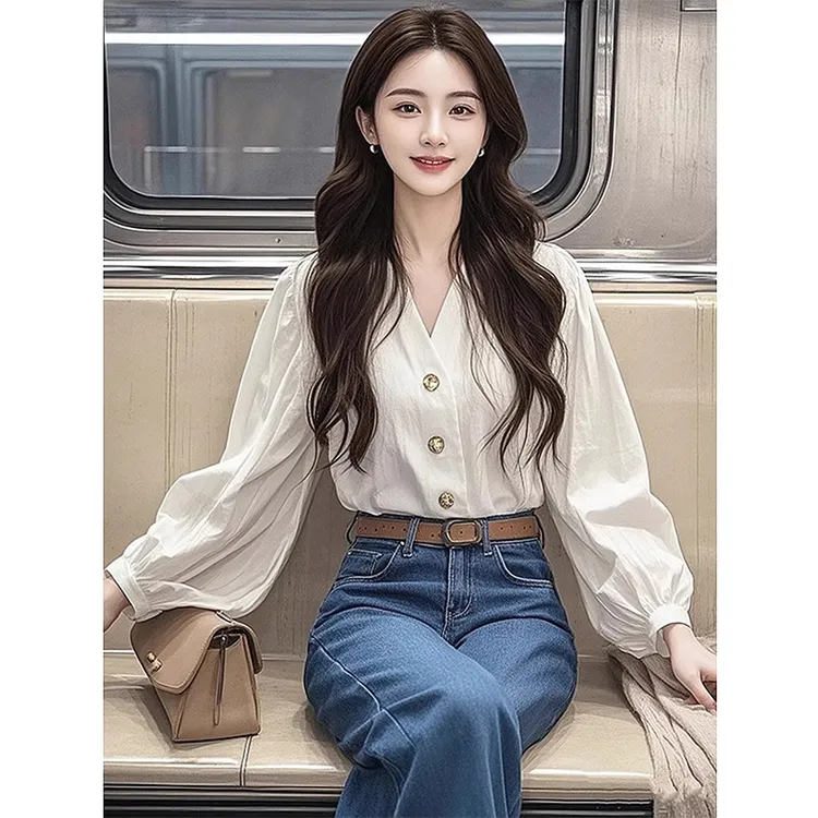 春季白色长袖V领衬衫女2025新款时尚气质修身小衫别致好看上衣