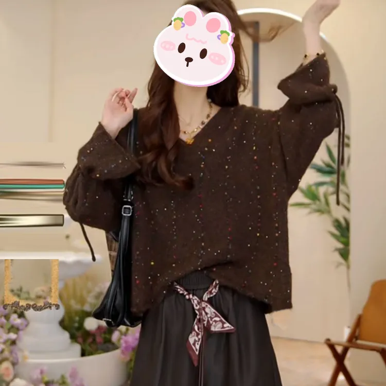 复古风V领软糯套头毛衣女2025秋新款休闲简约宽松慵懒喇叭袖上衣