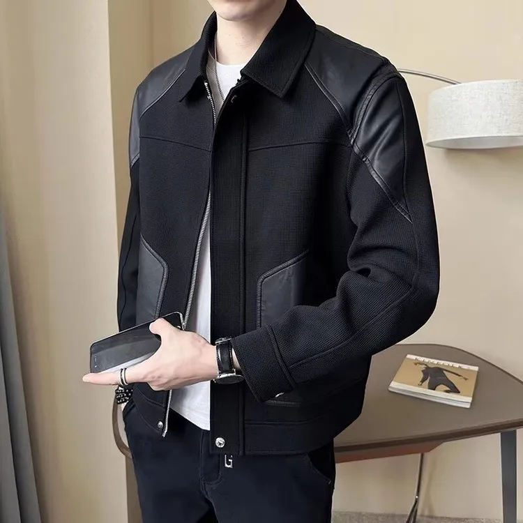 痞帅PU皮拼接夹克外套男潮牌潮流高级感上衣服秋冬季2024新款男装