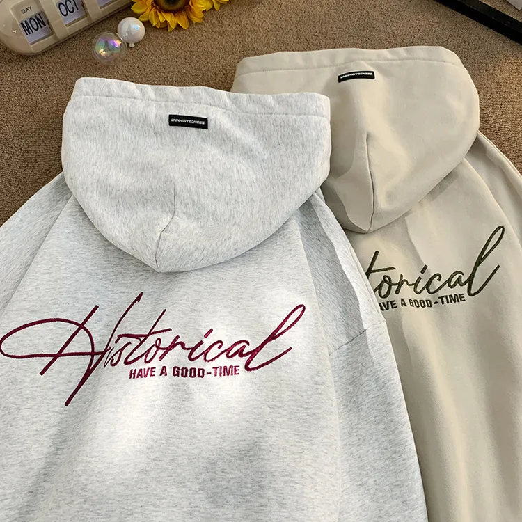 新款秋季潮牌刺绣连帽卫衣男女同款秋冬美式宽松情侣外套青春流行