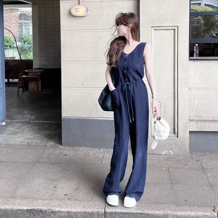 【松弛感】麻料时尚减龄休闲无袖背带连体裤女#8607