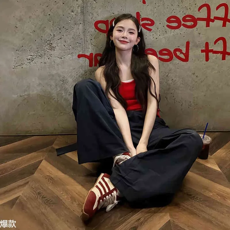 2025夏季新款打底吊带背心上衣高腰阔腿裤拖地裤辣妹两件套装女