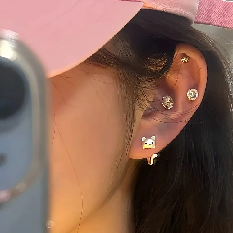 铜合金耳饰 童趣可爱小猫耳钉套装女银针Q版小清新女新款精致穿孔
