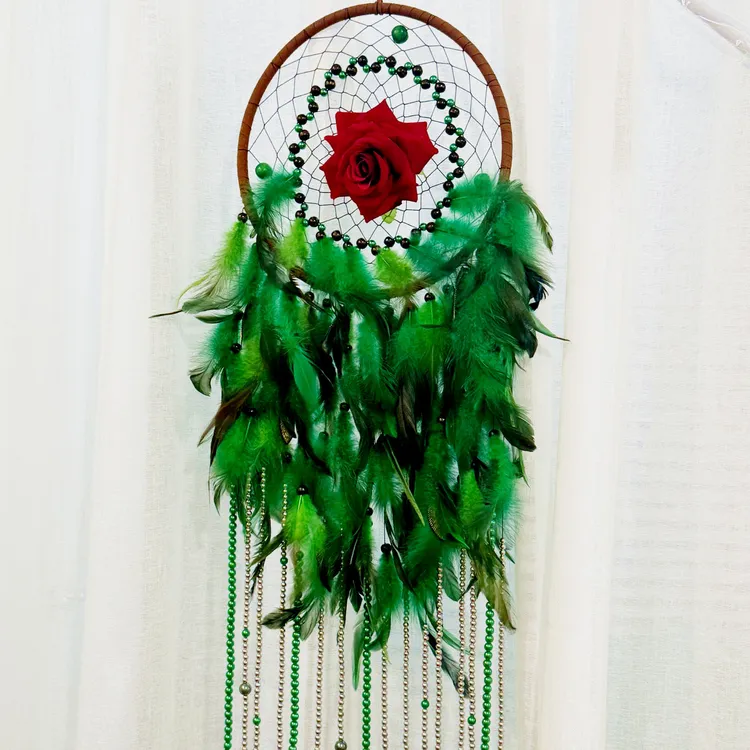 翎毛藤编原创手工轻奢捕梦网挂件羽毛摆件仿真玫瑰花挂件创意装饰