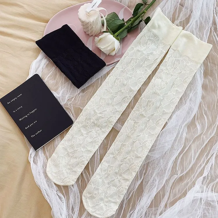 少女学生袜中筒女植物花卉韩版薄款春夏镂空白色百搭蕾丝透气夏季