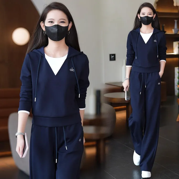 时尚套装女2025秋季新款洋气宽松显瘦假两件长袖上衣阔腿裤两件套