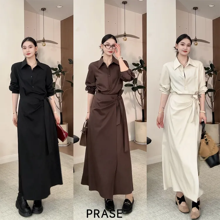PRASE·噜【制作人】微胖轻奢设计款秋女天丝羊毛系带连衣裙PR508S41