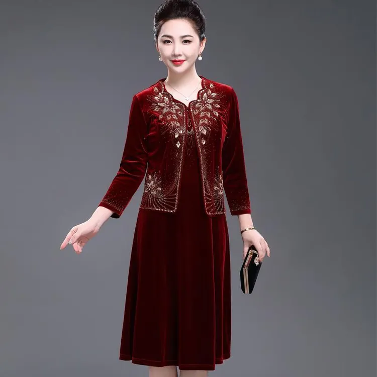 喜婆婆婚宴装中老年春秋冬金丝绒两件套装连衣裙十月结婚妈妈礼服