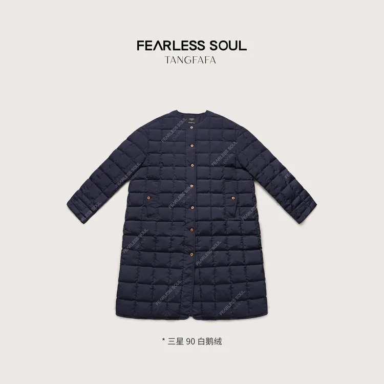 唐发发TFF经典休闲中长款无领方格三星安心鹅绒羽绒服 825FN782 *