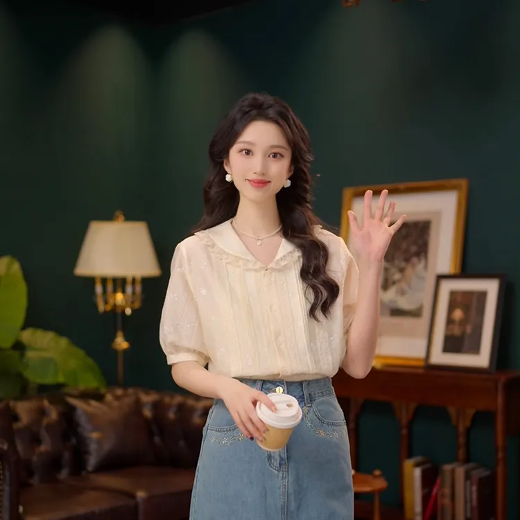 琦琦杏色白色泡泡袖短袖衬衫衬衣女新款宽松百搭超好看小衫上衣