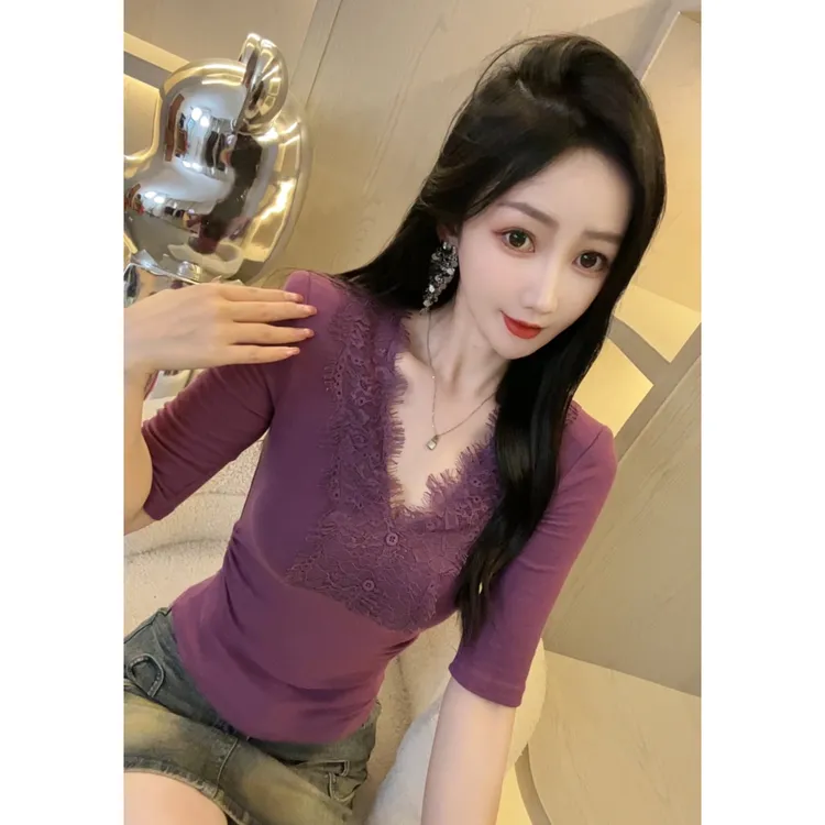 【娜哥001】蕾丝拼接T恤女中袖带扣子