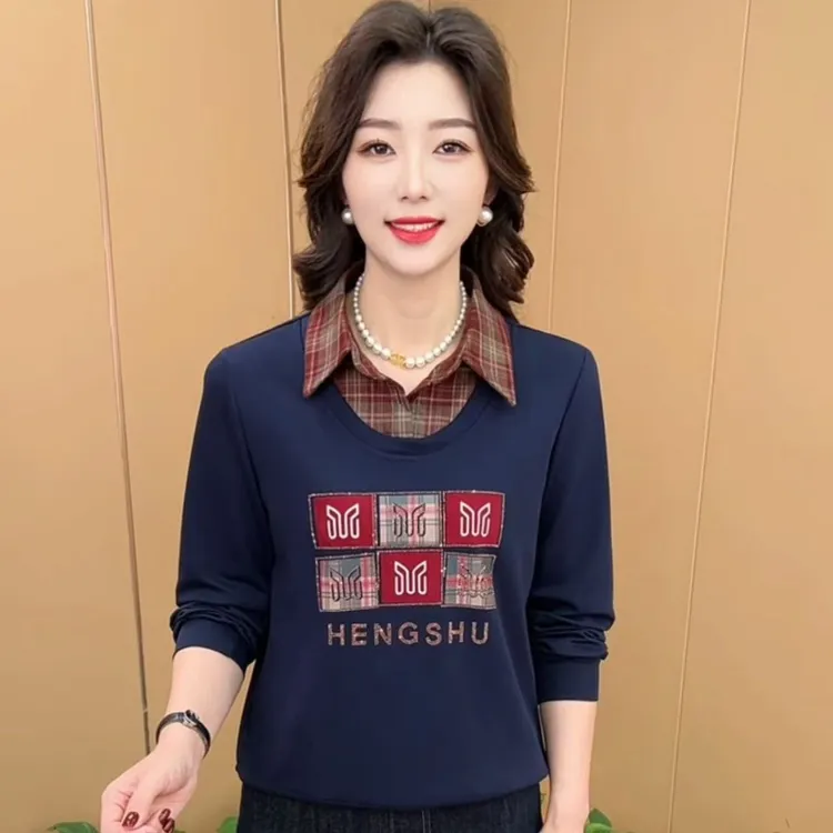秋季新款时尚翻领烫钻假两件洋气妈妈装休闲百搭长袖上衣K5521