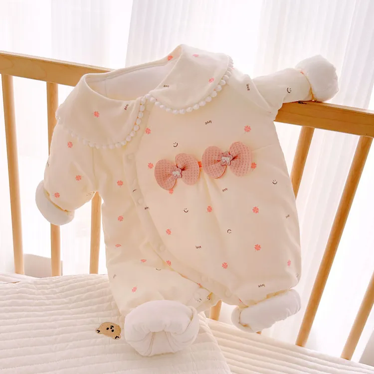 高档秋冬婴儿连体棉袄夹棉加厚80g新生儿棉衣公主风女宝宝棉服