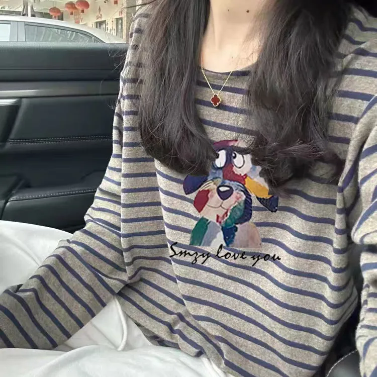 纯棉长袖t恤女2025秋季新款宽松复古条纹打底衫洋气内搭印花上衣