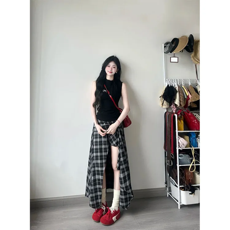 夏季新款小众设计款简约风圆领无袖上衣气质时尚收腰格纹半身裙女