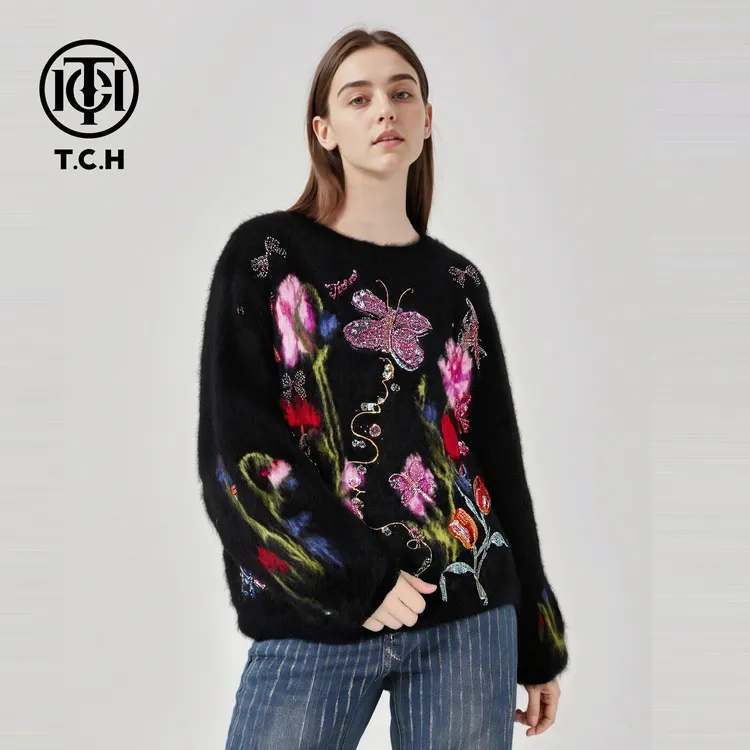 TCH【柔软舒适】冬款时尚烫钻鹅黄色休闲风女装针织衫T75D09E1333