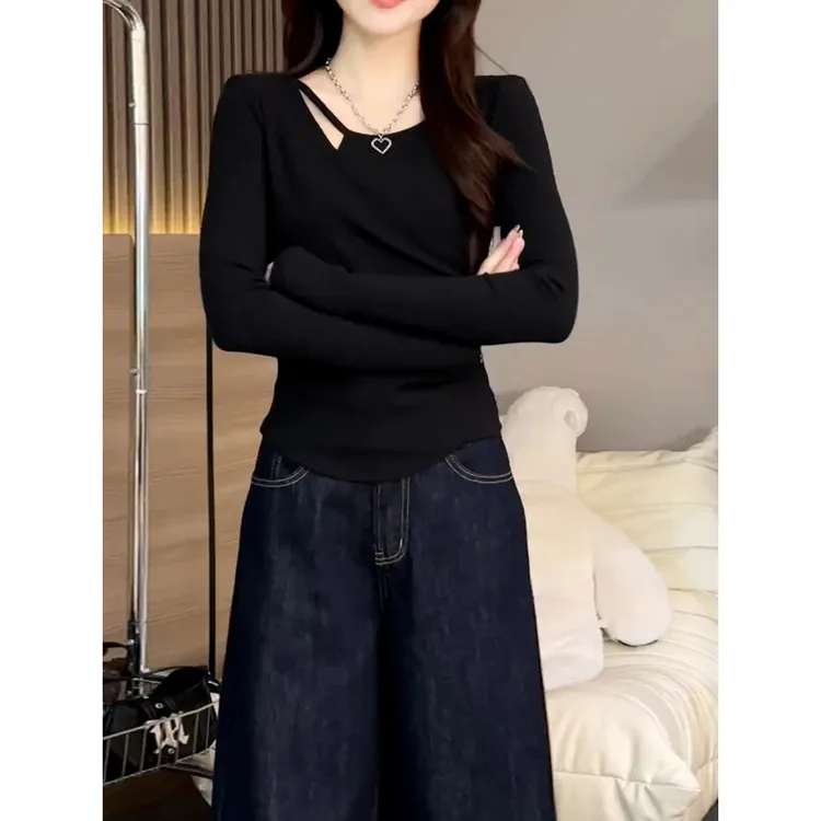 黑色辣妹不规则v领内搭长袖t恤女秋季设计感小众修身短款打底上衣
