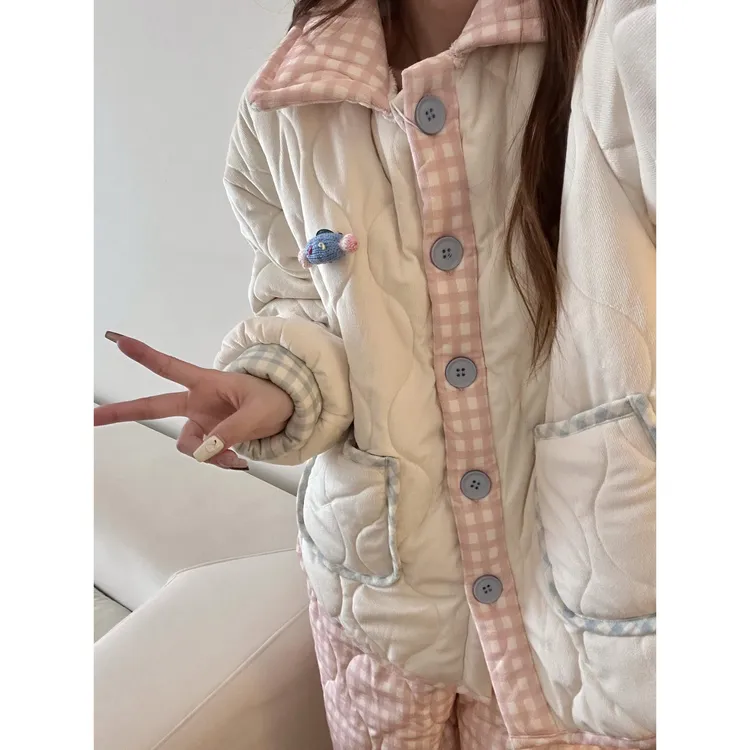 韩版可爱夹棉睡衣女秋冬款新款加厚棉服保暖长袖家居服套装可外穿