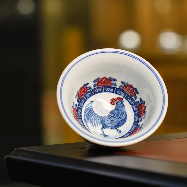 正德御窑永明尚玩青花缠枝莲压手十二生肖系列金鸡报晓茶杯主人杯