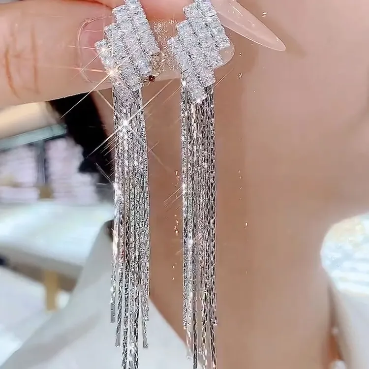 铜合金耳饰  网红流行银色菱形长款方块麦穗条耳钉高级百搭女耳环