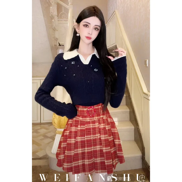 WEIFANSHU/魏凡舒【悉尼周末】早秋新款修身百搭羊毛针织上衣两件套