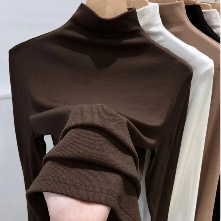 拉夏贝尔莫代尔棉欧货大码半高领长袖T恤女春秋冬内搭修身打底衫