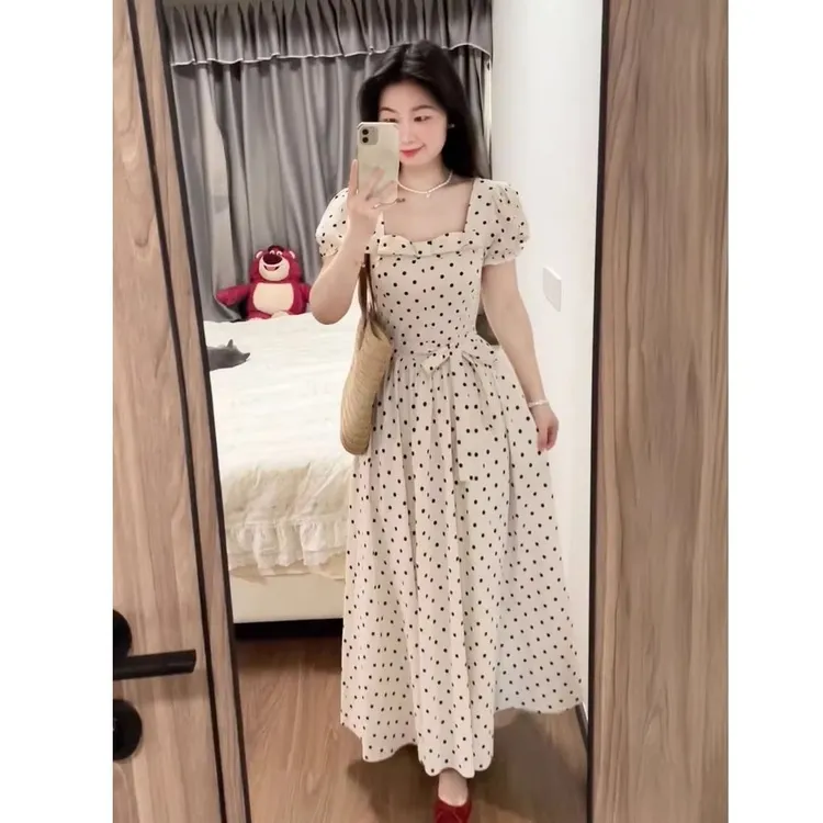 夏季复古波点气质公主连衣裙法式学院风收腰小众泡泡袖A字长裙女