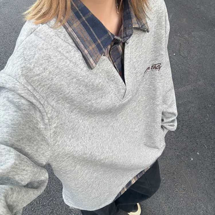 假两件拼接衬衫领卫衣男秋冬加绒美式复古格子上衣学院风情侣外套