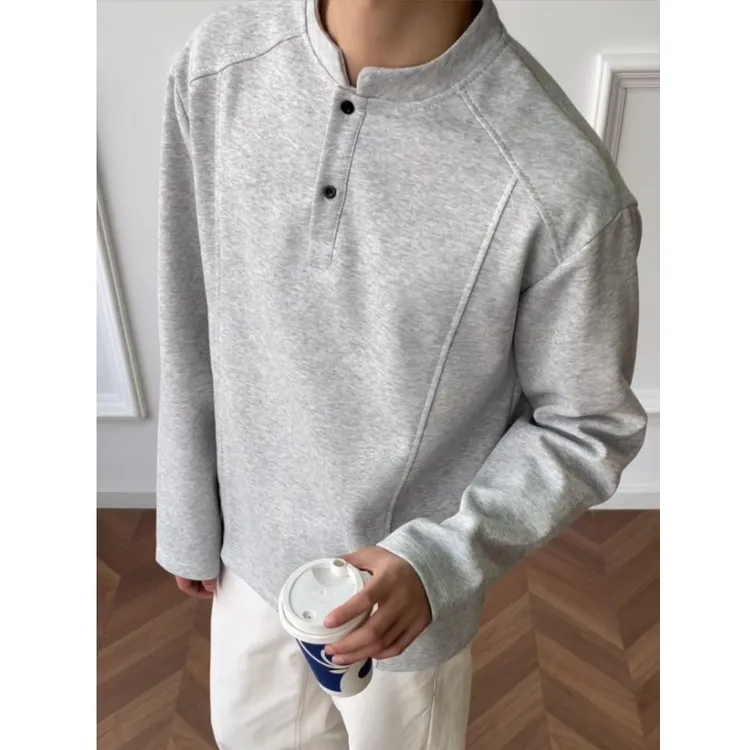 POLO衫亨利领长袖t恤男秋季解构拼接设计感正肩打底衫春秋款卫衣