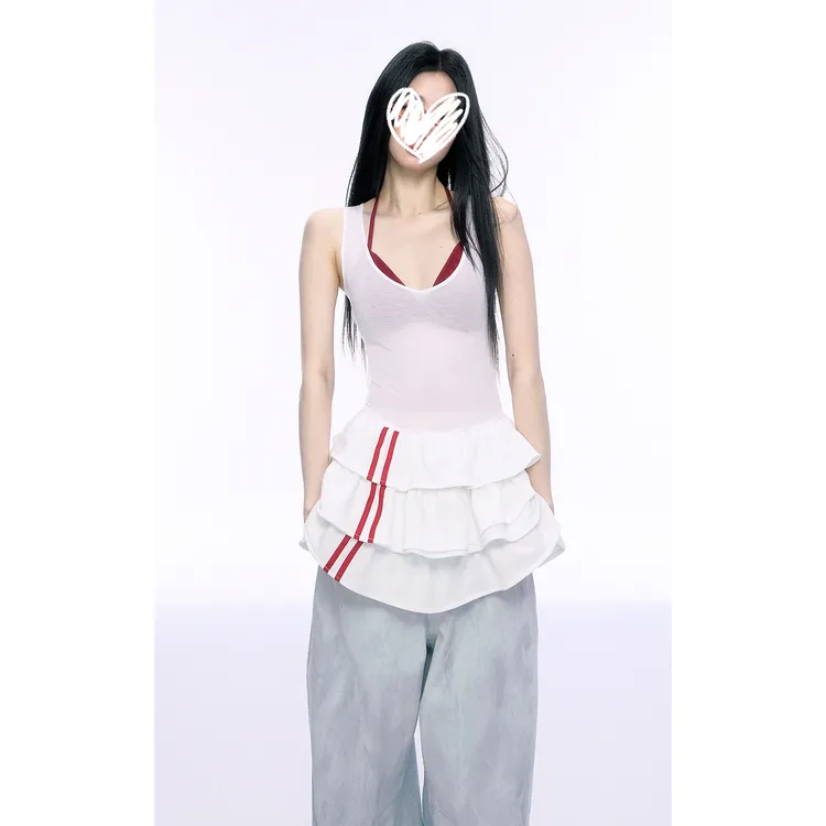 【奶芙草莓】红白泽西风撞色连衣蛋糕裙女撞色修身收腰裙+吊带