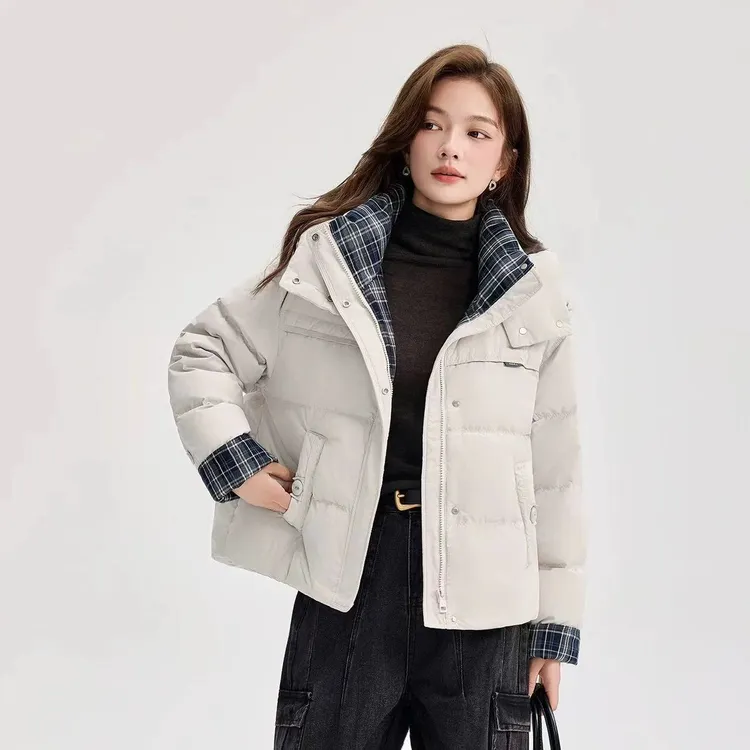 631时尚格子拼接帽子棉服女2025冬季新款加厚保暖短款棉衣