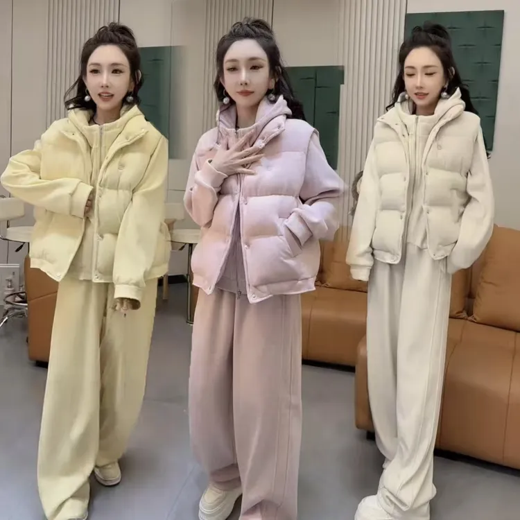 高档韩版时尚加绒保暖三件套女2025秋冬新款显瘦宽松马甲卫衣卫裤