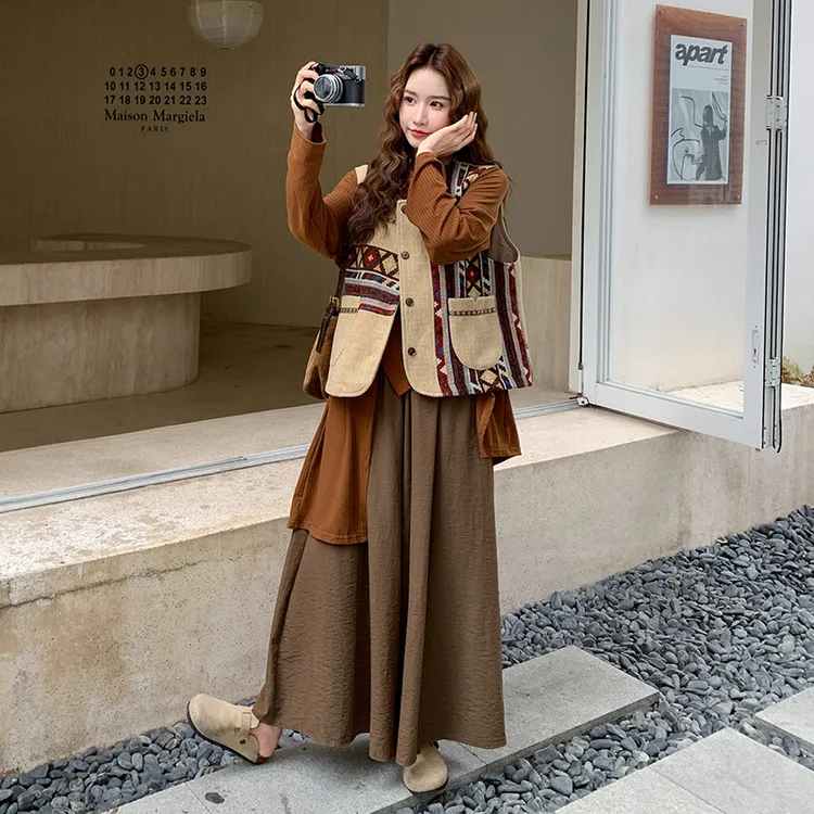 韩系早秋穿搭一整套女新款巨好看设计感马甲打底衫阔腿裤三件套