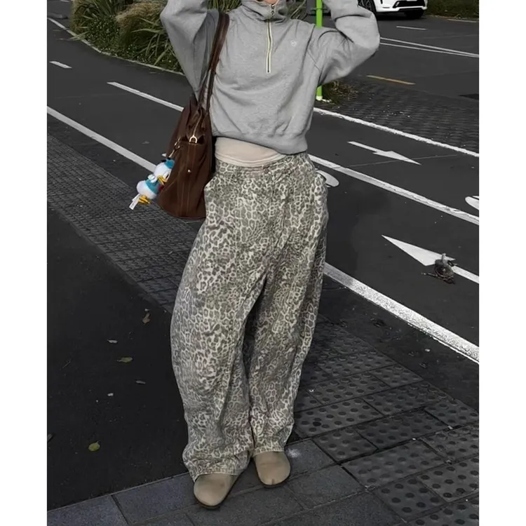 美式复古豹纹弯刀牛仔裤女2025秋季新款街头辣妹廓形宽松拖地长裤