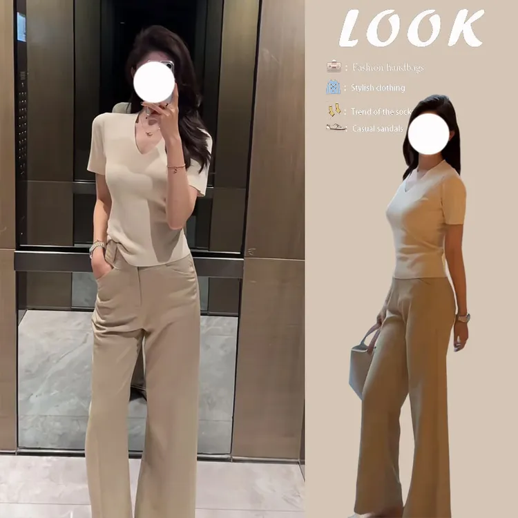 今年流行穿搭一整套2025新款早春女修身V领短袖上衣阔腿裤两件套