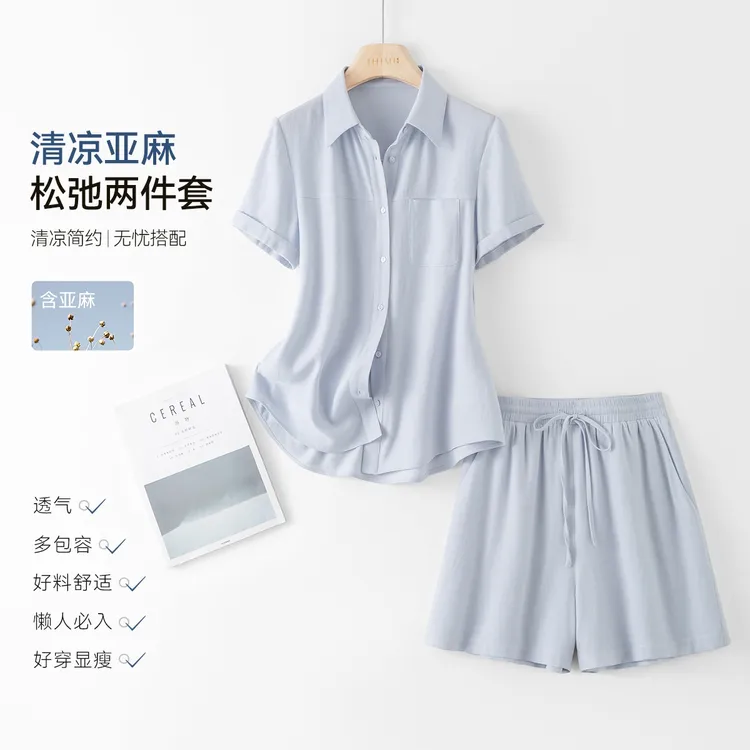 IHIMI/海谧2025年夏季新款女装简约百搭时尚老钱风衬衫短裤套装