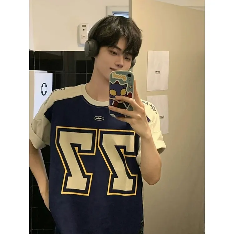 美式痞帅街头男士印花短袖夏季痞帅百搭运动篮球服宽松圆领半截袖