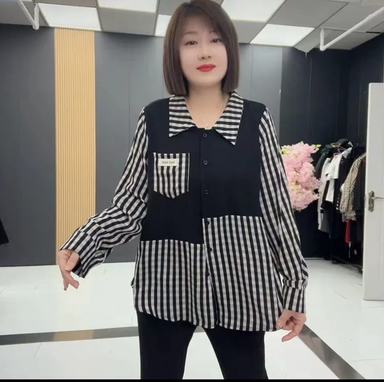 宽松时尚拼接假两件大码衬衫-BSX8341