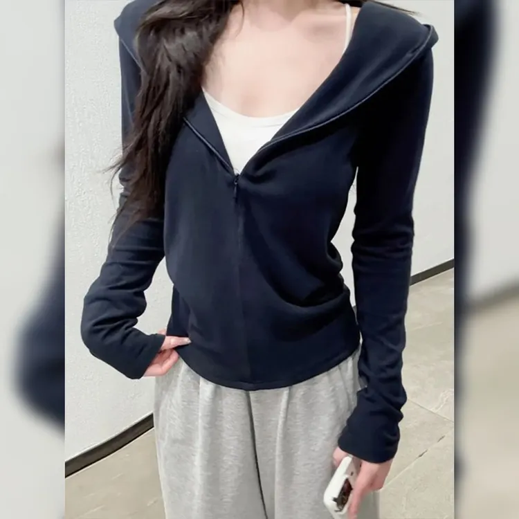 胖mm大码女装藏青色连帽接链卫衣外套女早秋季巨好看时尚洋气上衣