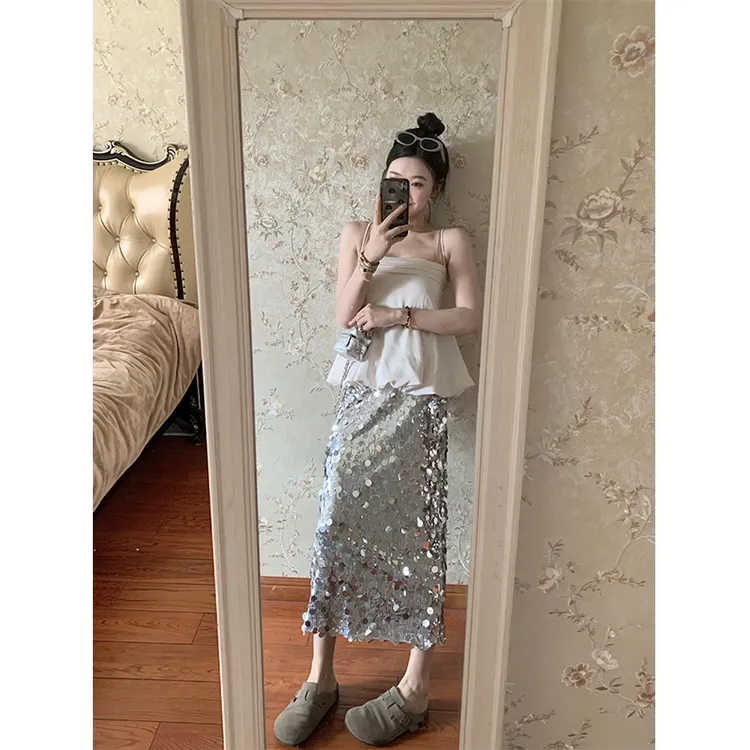 洋气衣服女夏季外穿法式吊带抹胸背心上衣亮片小众设计高腰半身裙