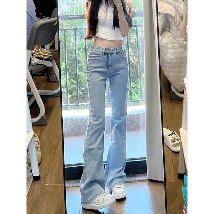 微喇叭牛仔裤女秋冬新款浅蓝色小个子高腰修身显高窄版弹力裤子