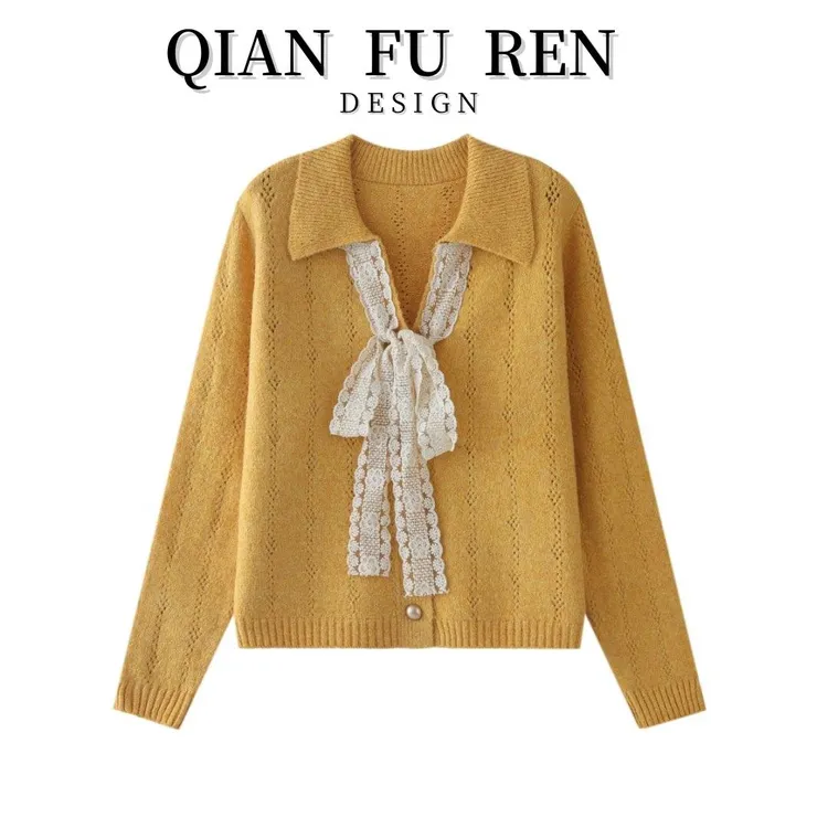 设计感气质系带蝴蝶结V领羊毛混纺毛衣开衫洋气减龄秋季针织衫女