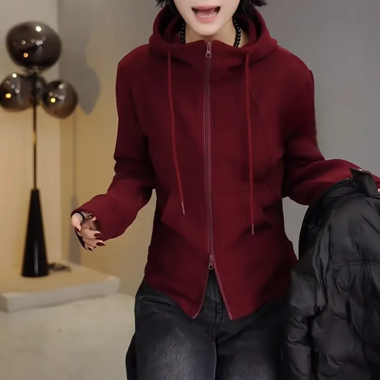 立领连帽双头拉链抽绳鱼骨德绒长袖卫衣女2025新款秋季百搭上衣