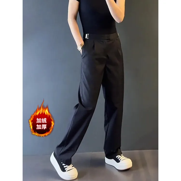 秋冬厚款西裤大码潮牌男士时尚法式拉腰小钢扣阔腿休闲裤宽松加绒