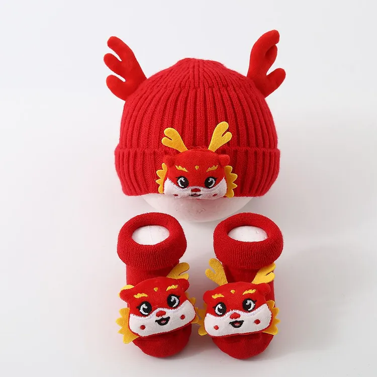 新年婴儿帽子秋冬新款儿童保暖醒狮针织毛线帽男女童红色宝宝喜庆