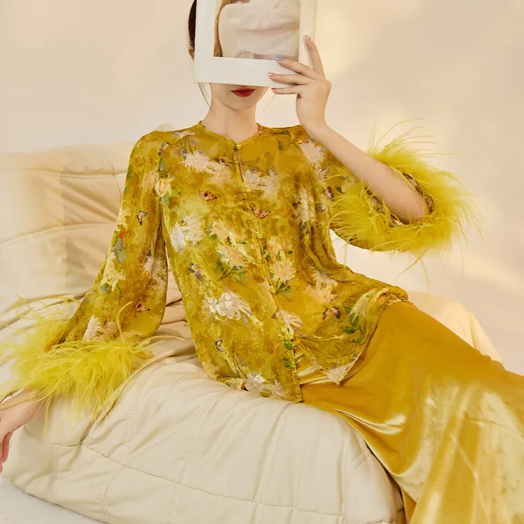 新中式国风长袖珠扣圆领时尚轻奢气质上衣重工袖口毛毛外套N7048A