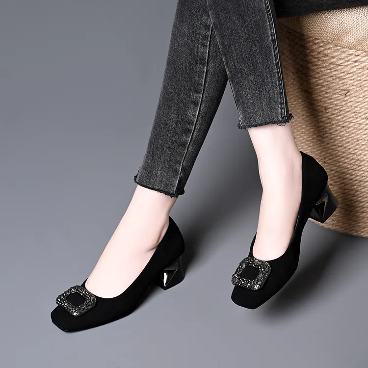 真皮羊皮春秋新款黑色不累脚高跟鞋方头浅口水钻百搭粗跟职业单鞋